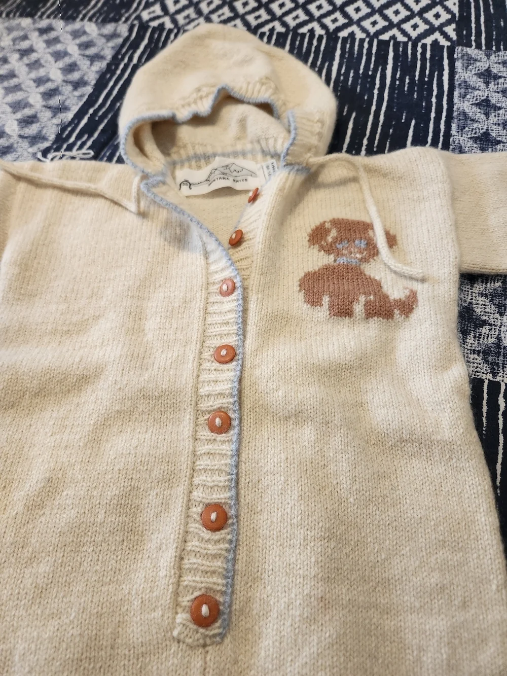 100% American Cashmere Cream & Blue Baby Hooded Bodysuit W/Puppy